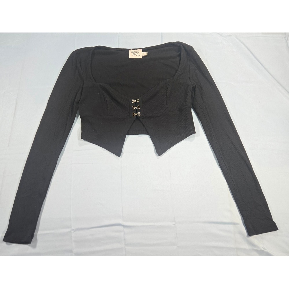 Princess Polly Black Ribbed Hook and Eye Long Sleeve Crop Top US 4